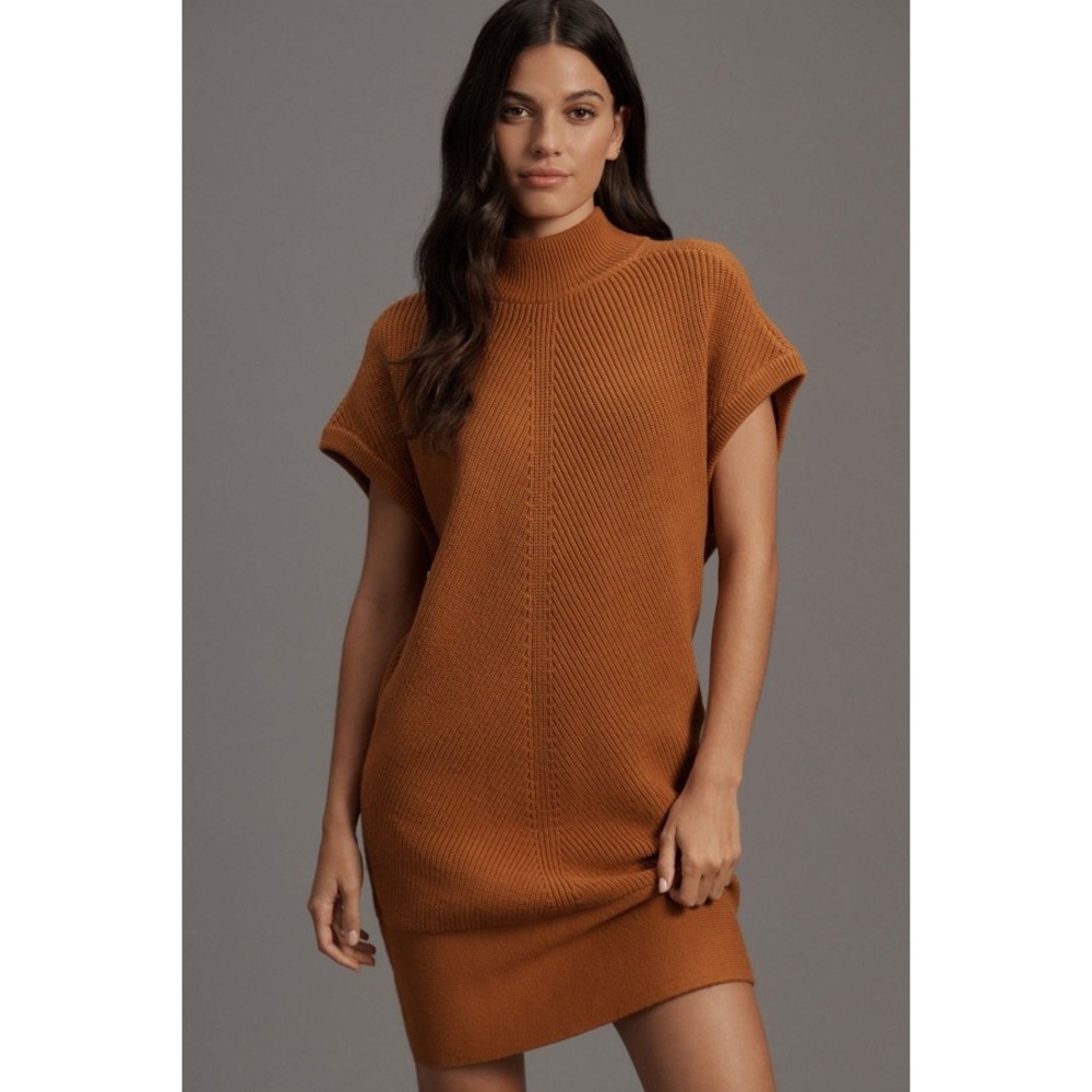 Anthropologie Short Sleeve Mock Neck Sweater Mini Dress Sz M Rust Brown Rib Knit